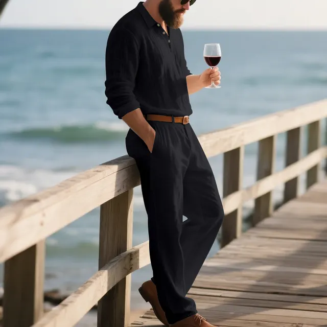 Men's Linen POLO Long sleeved Trousers Casual Suit Solid Color Two piece Set Black - Shop at LoveMi