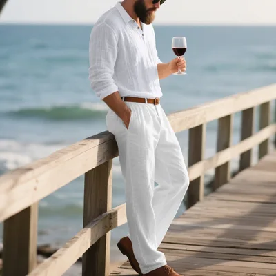 Men's Linen POLO Long sleeved Trousers Casual Suit Solid Color Two piece Set White - Shop at LoveMi