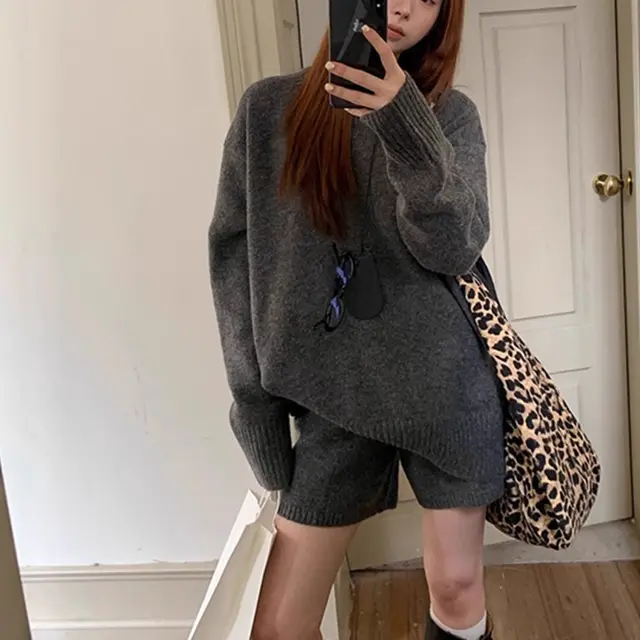 Knitting Suit Idle Style Loose Sweater Gray Shorts Suit - Shop at LoveMi