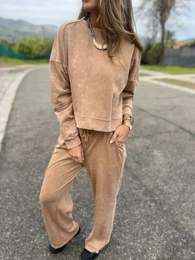 Women's Casual All matching Lace up Crew Neck Long Sleeve Blouse And Pants Khaki - Shop at LoveMi