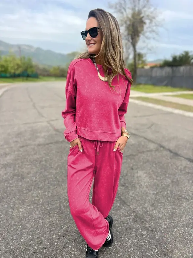 Women's Casual All matching Lace up Crew Neck Long Sleeve Blouse And Pants Rose Red - Shop at LoveMi