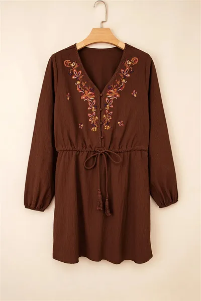 Burgundy Floral Embroidered Tassel Tie Waist Long Sleeve Mini Dress Coffee Brown - Shop at LoveMi