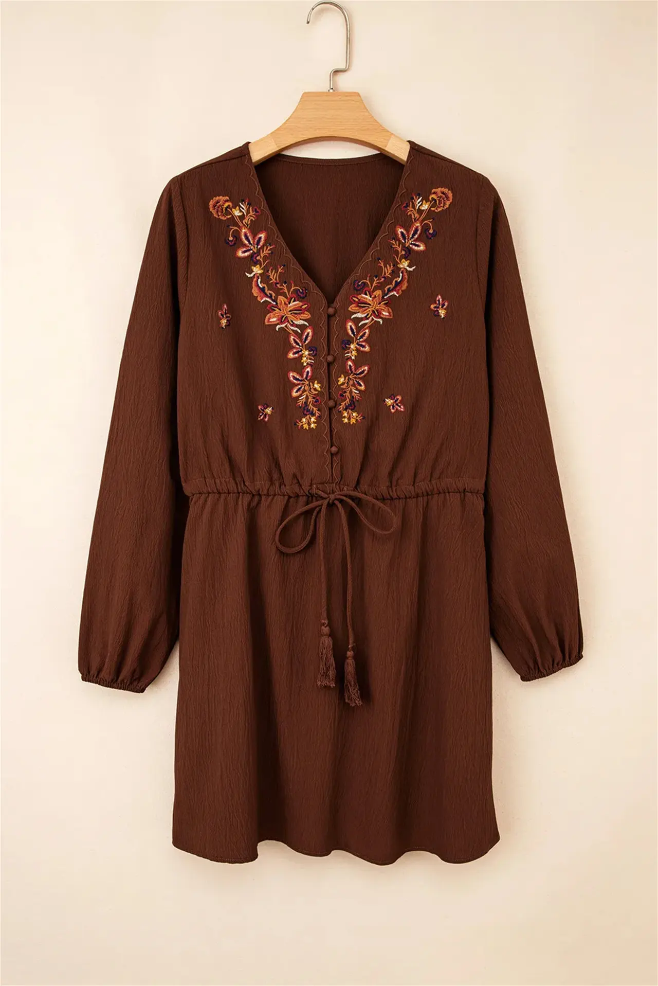 Burgundy Floral Embroidered Tassel Tie Waist Long Sleeve Mini Dress - Coffee