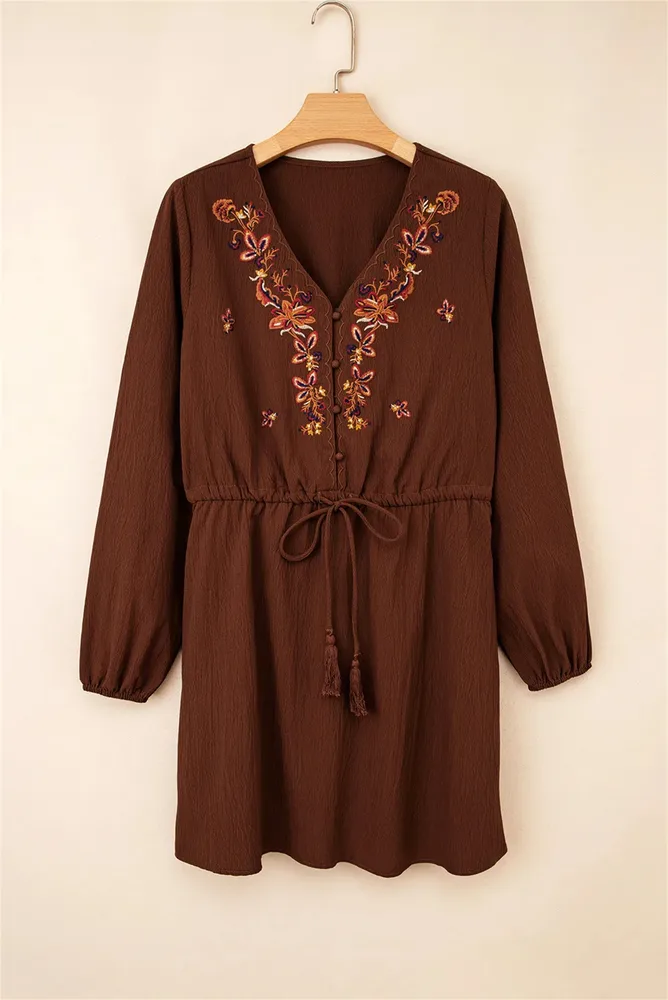 Burgundy Floral Embroidered Tassel Tie Waist Long Sleeve Mini Dress Coffee - Shop at LoveMi