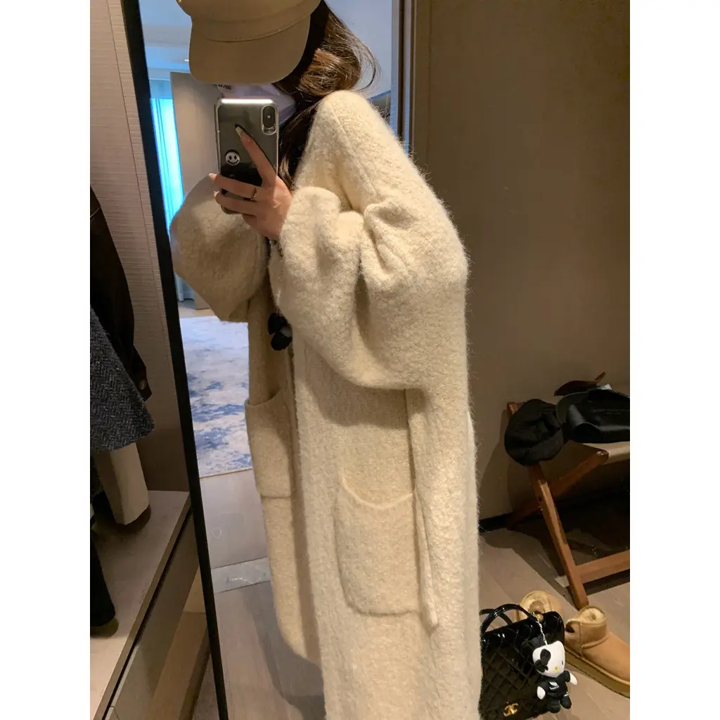 Lantern Sleeve Long Cardigan Loose Thick And All-match Lazy Knitted Sweater Coat Top - Beige Thickened