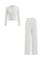 Casual Slim-fit Buttoned Long Sleeve Wide Leg Pants Suit - White