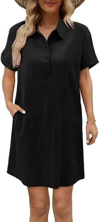 Casual Short Sleeve Buttoned Beach Dress Shirt With Pocket Black - Shop at LoveMi