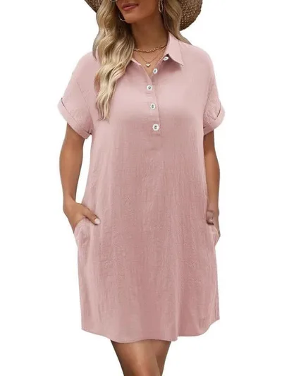 Casual Short Sleeve Buttoned Beach Dress Shirt With Pocket Pink - Shop at LoveMi