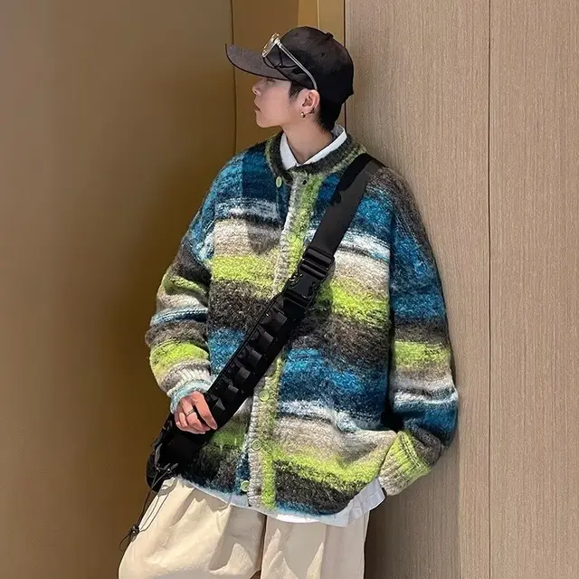 Round Neck Loose Casual Couple Knitted Jacket Green - Shop at LoveMi