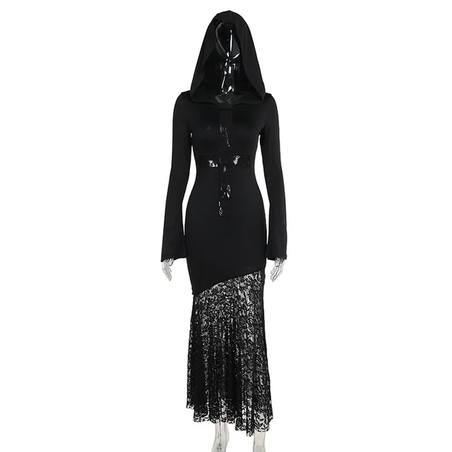 Hooded Lace Cross Hollow Out Stitching Long Sleeve Dress Black - Shop at LoveMi