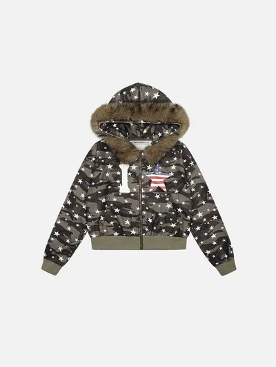 Women's Fashion Personalized Printed Zipper Hooded Sweater Camouflage S - Shop at LoveMi