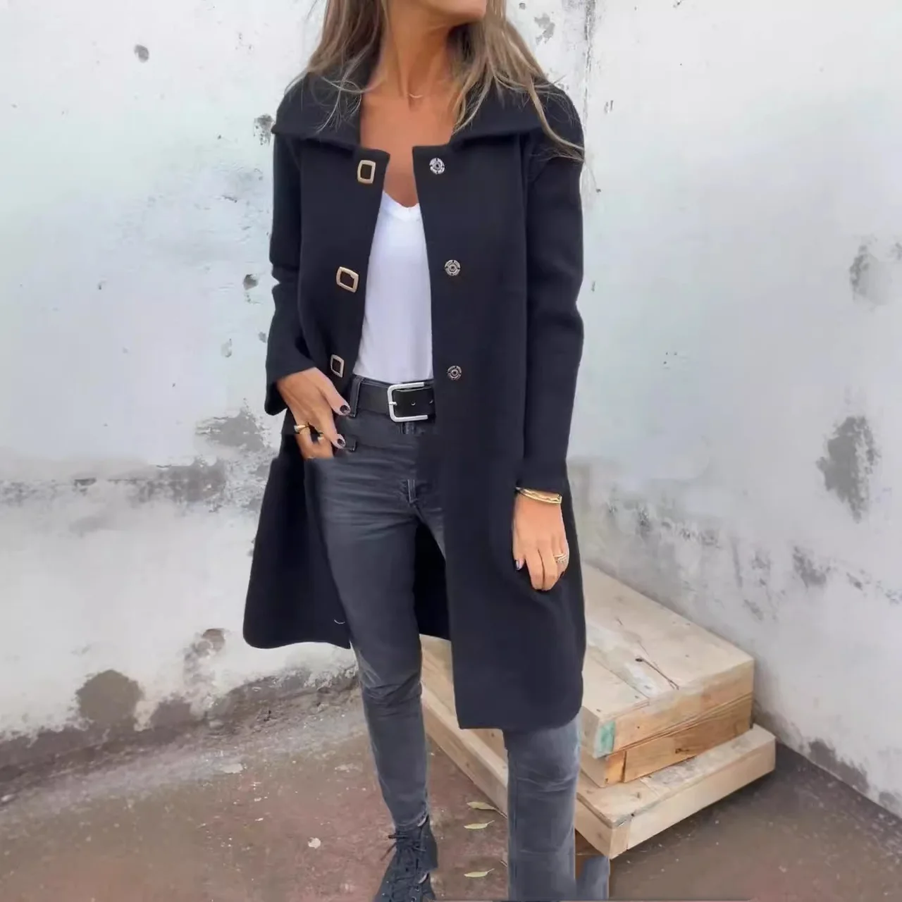 In Stock Cross-border Independent Station-- Autumn And Winter Women's Single Row Solid Color Mid-length Wool Woolen - Black