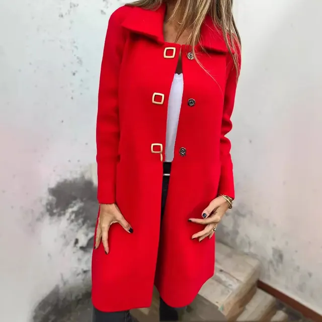 In Stock Cross border Independent Station Autumn And Winter Women's Single Row Solid Color Mid length Wool Woolen Red - Shop at LoveMi