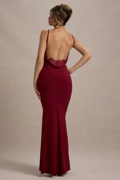 Lace Stitching Halter Sheath Slim fit Flattering Dress Wine Red - Shop at LoveMi