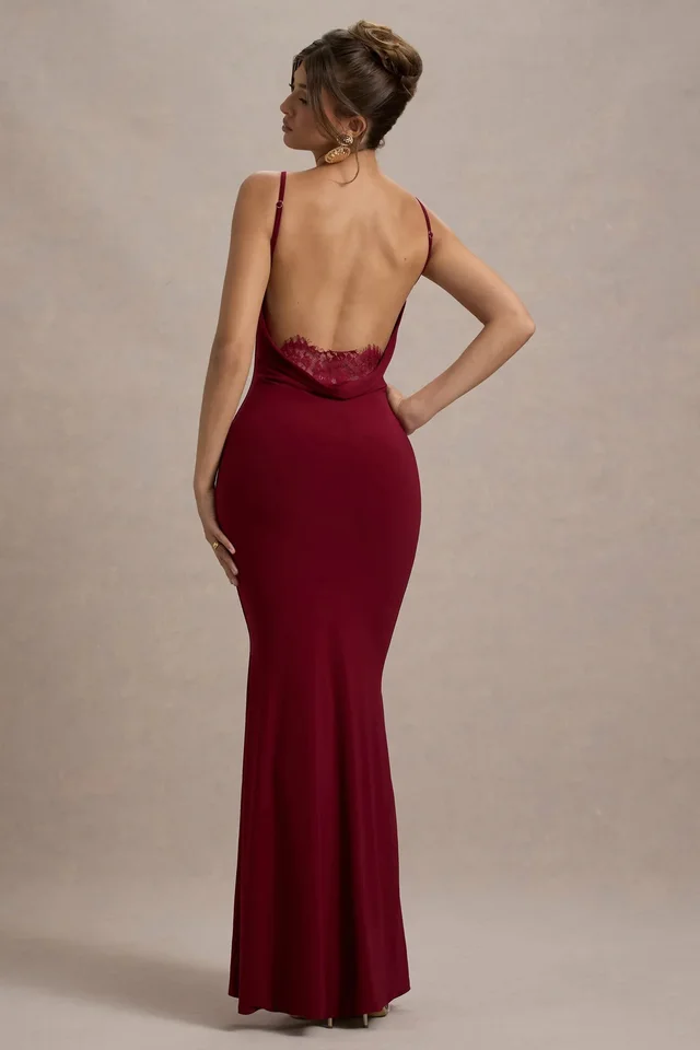 Lace Stitching Halter Sheath Slim fit Flattering Dress Wine Red - Shop at LoveMi