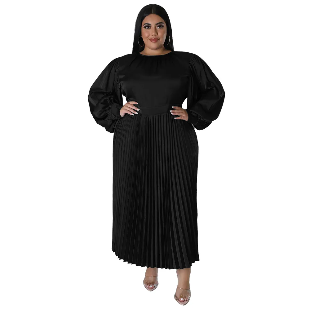 Pleated Round neck Long Dress Women Black - Shop at LoveMi