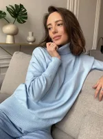 Autumn And Winter European And American Loose Basic Style Solid Color Pullover - Sky Blue