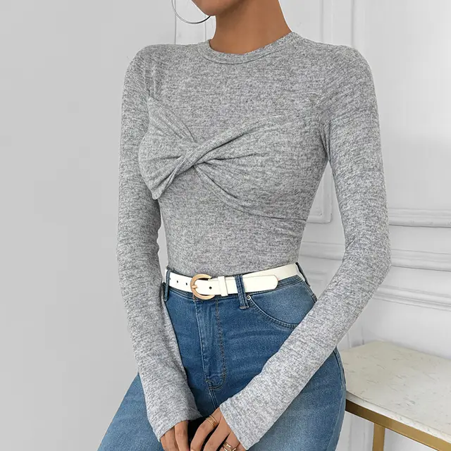 Women's Twisted Solid Color Long sleeved Close fitting T shirt Light Gray - Shop at LoveMi