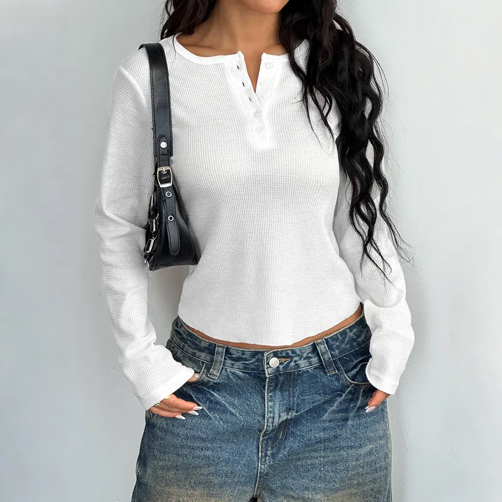Style Button Long Sleeve Vest T-shirt For Women - Beige