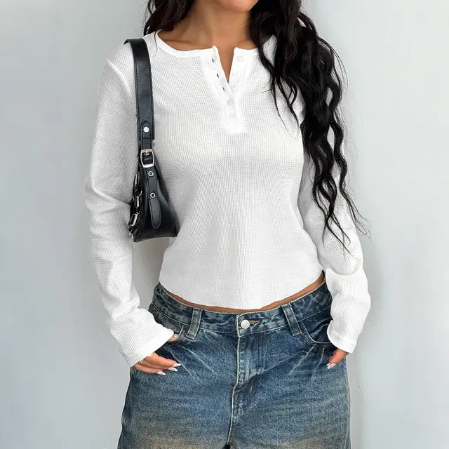 Style Button Long Sleeve Vest T shirt For Women Beige - Shop at LoveMi