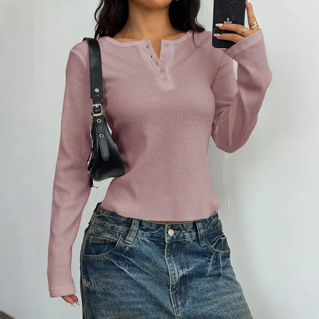 Hot Girl Style Button Long Sleeve Vest T shirt For Women Pink - Shop at LoveMi