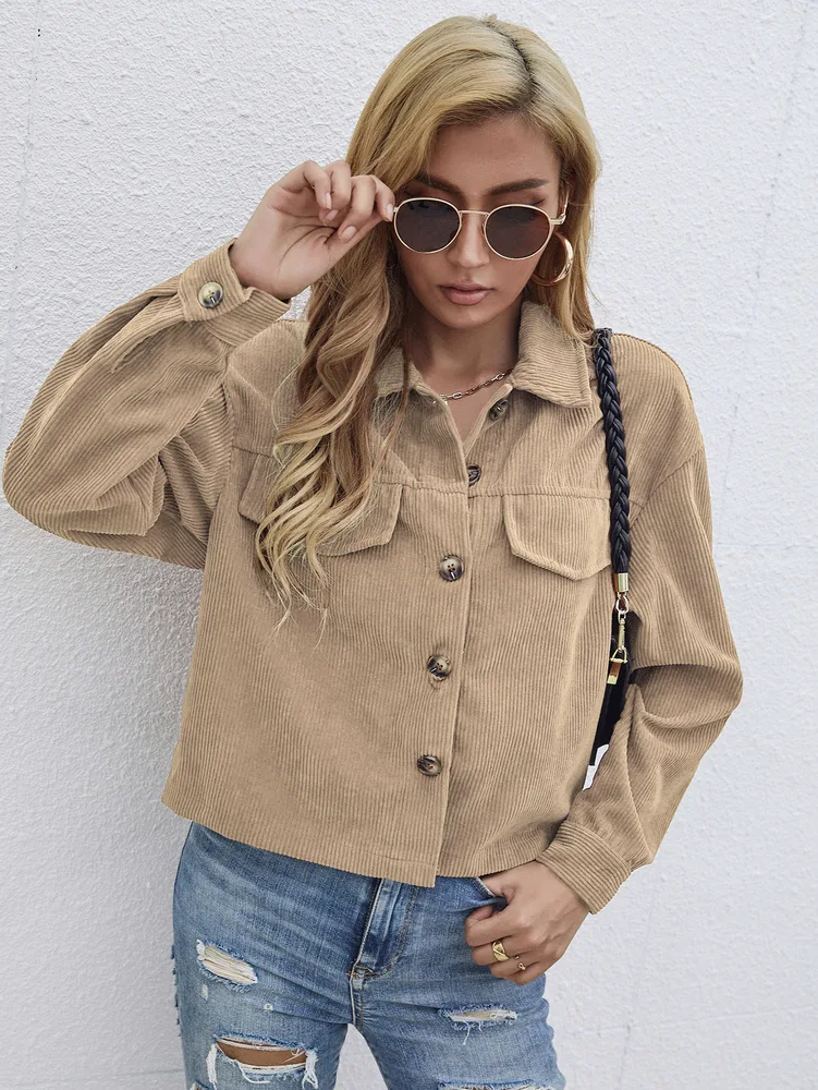 Casual Coat Women's Corduroy Short Slim Top Apricot - Shop at LoveMi