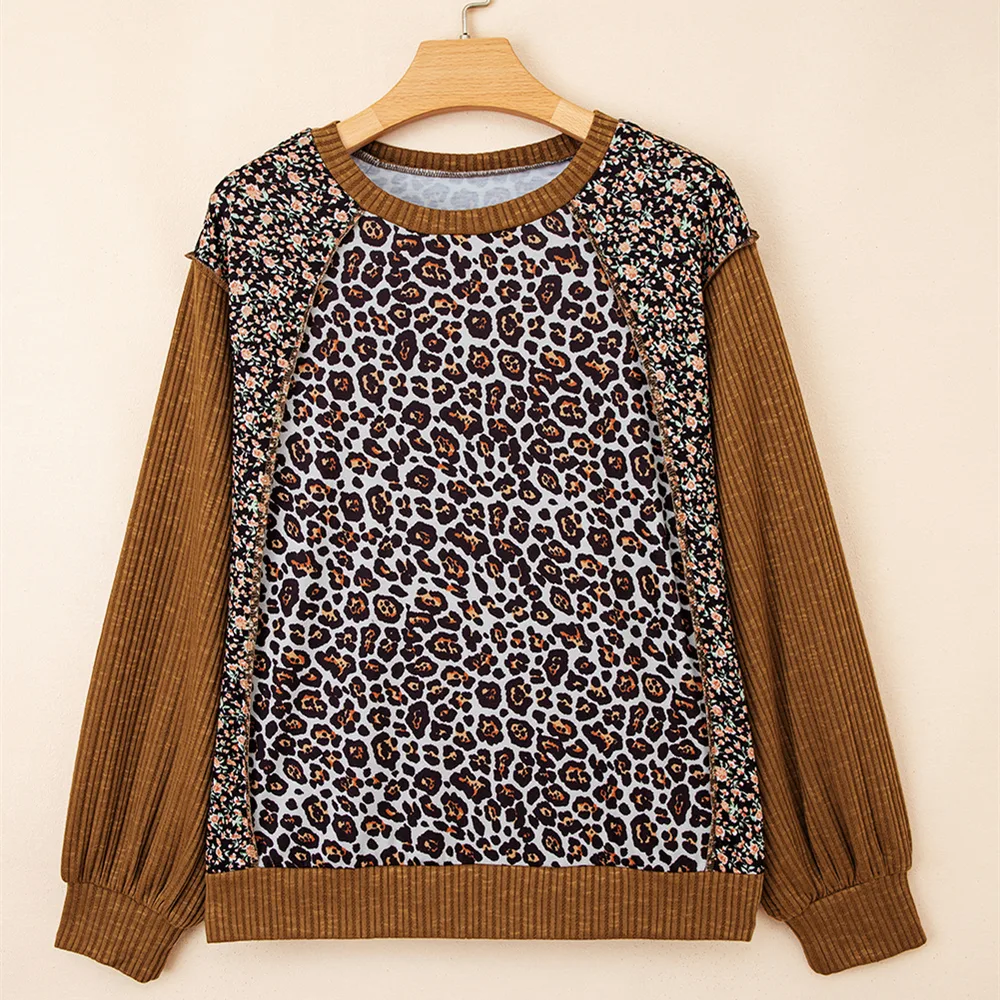 Women's Leopard Print Loose Multicolor Dignified Hollow Sweater Brown - Shop at LoveMi