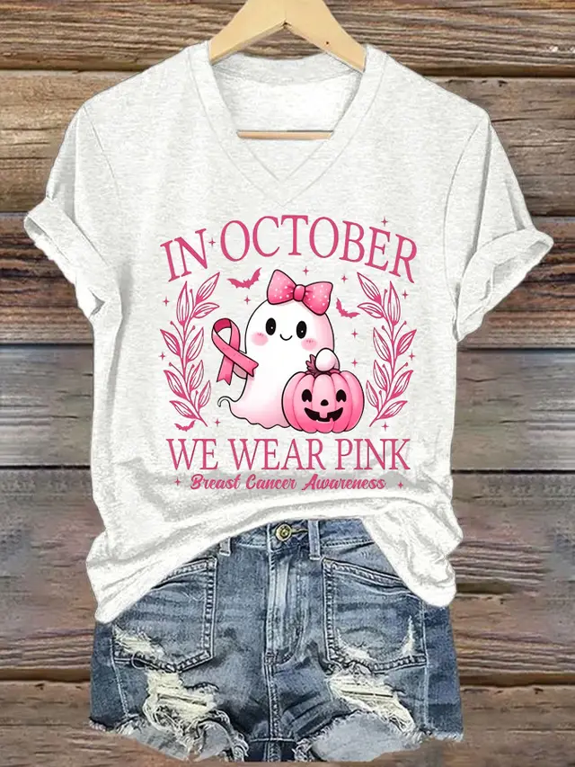 Women's Fashion Printed Casual Colored Cotton V neck Short Sleeve White - Shop at LoveMi