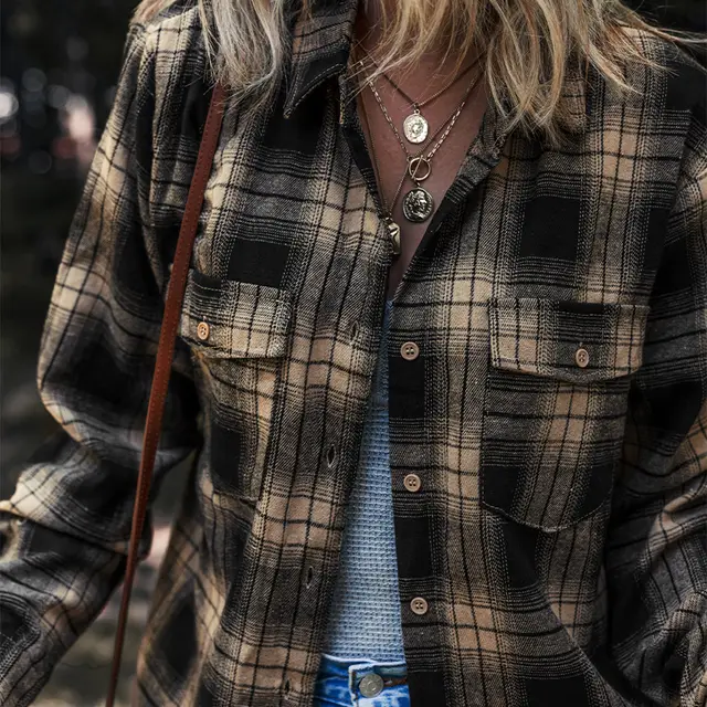 Women's Multi color Retro Plaid Double layer Flip Pocket Shirt Black - Shop at LoveMi