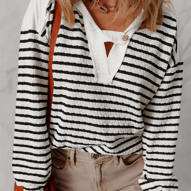 Women's Striped V neck Long sleeved Loose Leisure All matching Top Black Stripes - Shop at LoveMi