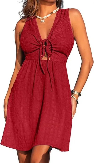 Women's Lace up Front Low V neck A Line Sleeveless Hollow out Short Dress Red - Shop at LoveMi