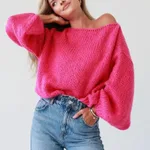 Women's Off-shoulder Solid Color Loose Knitted Pullover Sweater - Rose Red