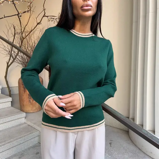 Women's All match Casual Contrast Color Sweater Dark Green - Shop at LoveMi