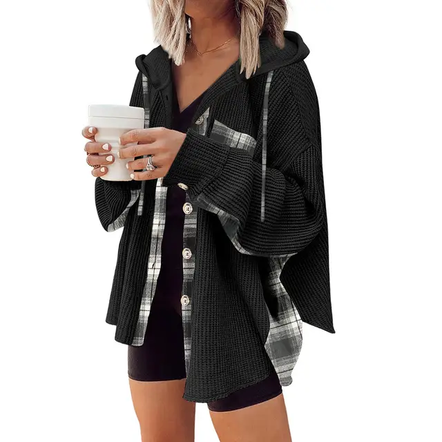 Plaid Casual Hooded Drawstring Coat Black - Shop at LoveMi