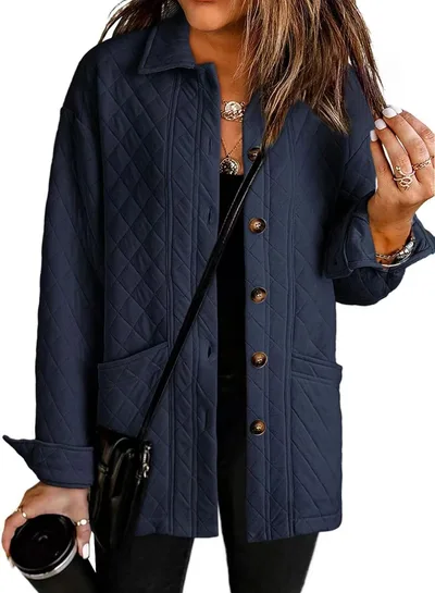 Women's Casual Quilted Jacket Button Long Sleeve Shirt With Pocket Coat Dark Blue - Shop at LoveMi