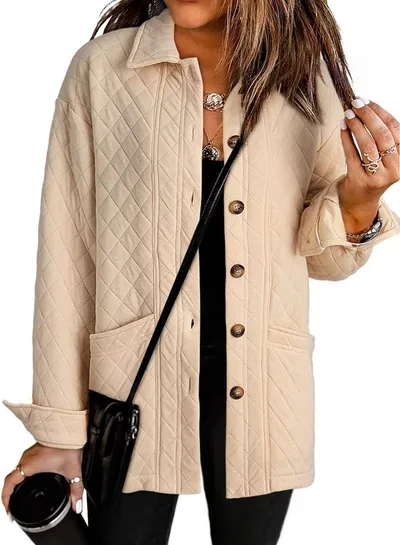Women's Casual Quilted Jacket Button Long Sleeve Shirt With Pocket Coat Light Apricot - Shop at LoveMi