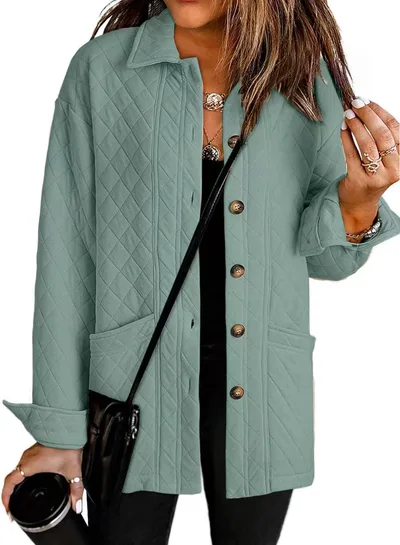 Women's Casual Quilted Jacket Button Long Sleeve Shirt With Pocket Coat Light Green - Shop at LoveMi