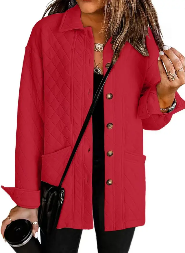 Women's Casual Quilted Jacket Button Long Sleeve Shirt With Pocket Coat Red - Shop at LoveMi