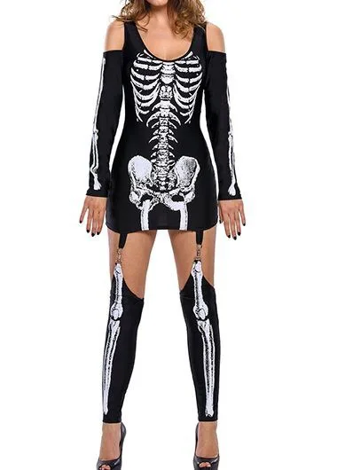 Skull Skeleton Printed Sexy Off the shoulder Halloween Costume Black - Shop at LoveMi
