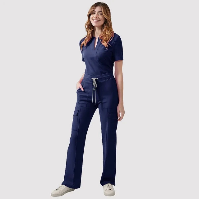 V neck Casual Top Pants Suit Work Clothes Brush Hand 82026 Navy Blue - Shop at LoveMi