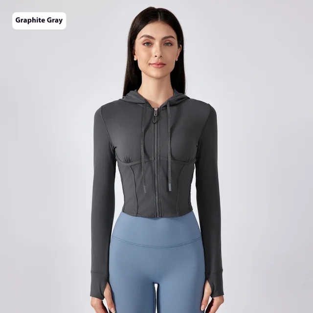 Exercise Yoga Clothes Hooded Waist controlled Slimming Long Sleeve Graphite Gray - Shop at LoveMi