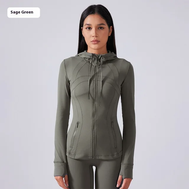 Yoga Clothes Coat Women's Body Shaping And Slim Looking Hooded Zipper Sage Green - Shop at LoveMi