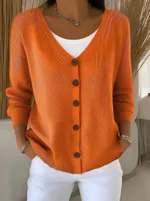 Women's Clothes Solid Color Knitted Button Cardigan Sweater - Orange Red