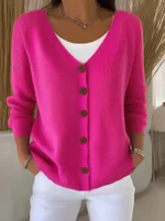 Women's Clothes Solid Colour Knitted Button Cardigan Sweater - Rose Red