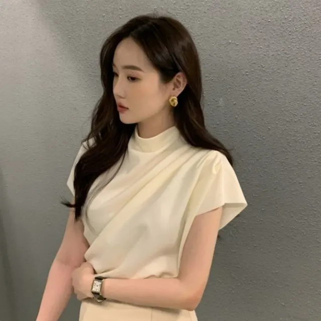 Women's Stand up Collar Oblique Pleat Unique Design Shirt Top Apricot - Shop at LoveMi