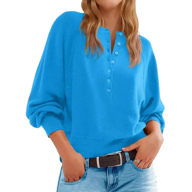 Women's Solid Color Knitted Button Loose Lantern Sleeve V neck Sweater Blue - Shop at LoveMi