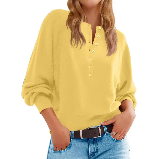 Women's Solid Color Knitted Button Loose Lantern Sleeve V neck Sweater Yellow - Shop at LoveMi