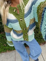 Ladies Striped Thick Needle Button Cardigan Sweater - Blue