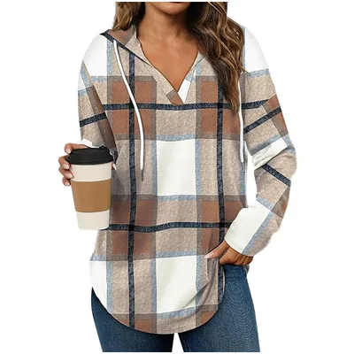 Hooded Pullover V neck Adjustable Drawstring Casual Plaid Long Sleeve Khaki - Shop at LoveMi