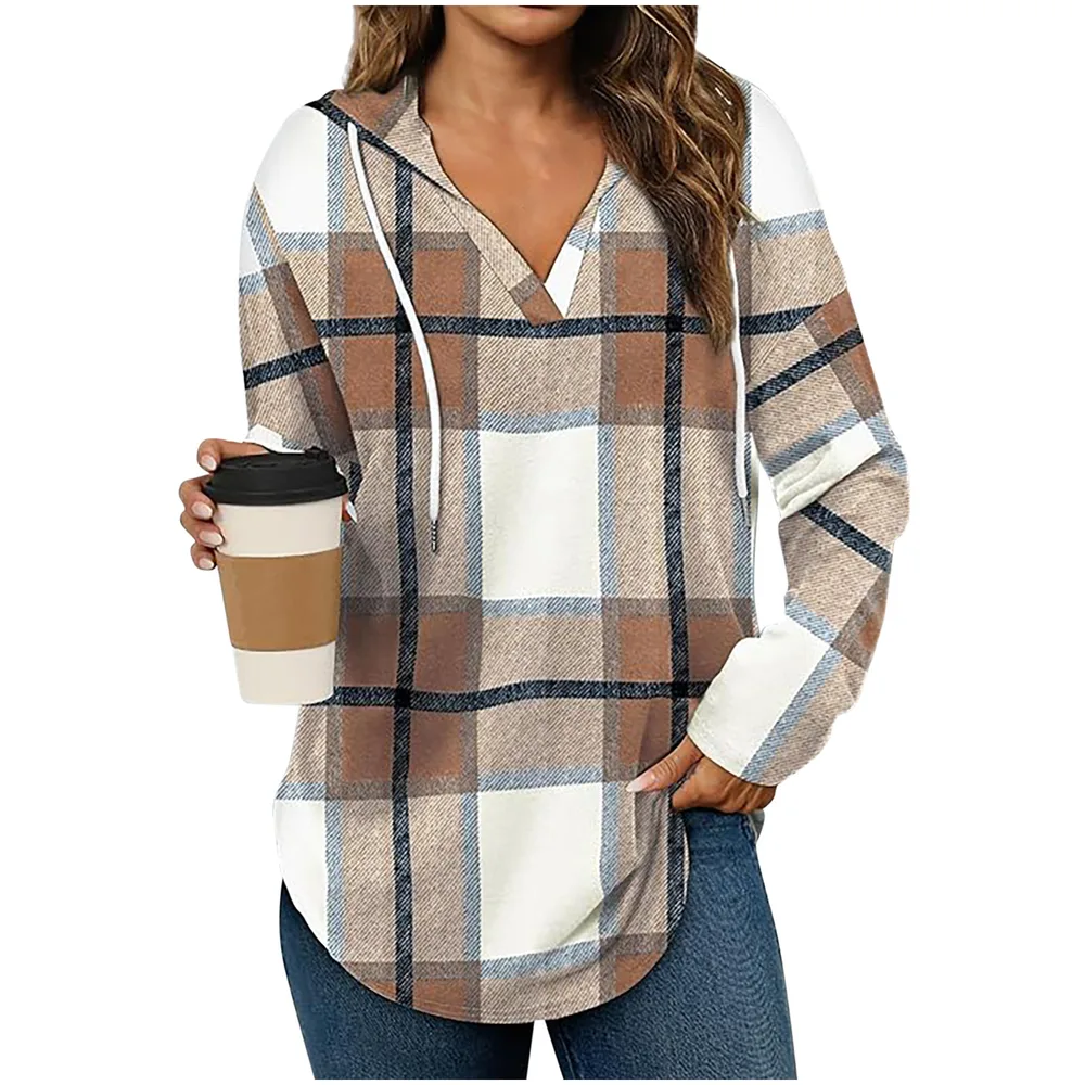 Hooded Pullover V neck Adjustable Drawstring Casual Plaid Long Sleeve Khaki - Shop at LoveMi